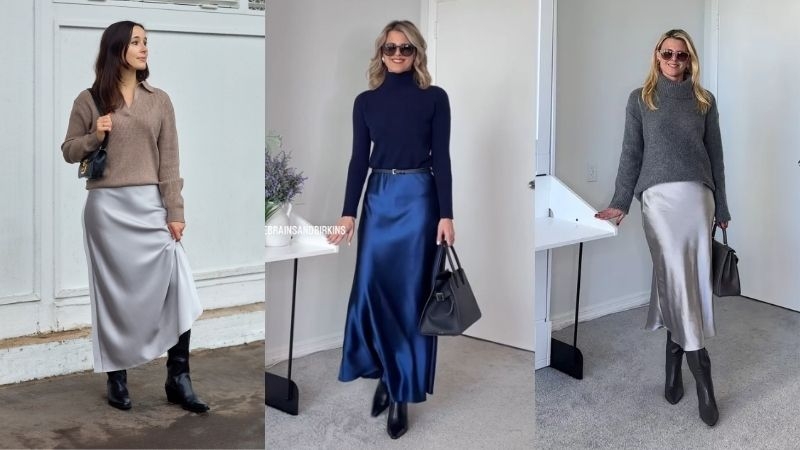 Saias de seda ou linho podem ser combinadas com meias-calças e botas para um look sofisticado e moderno.